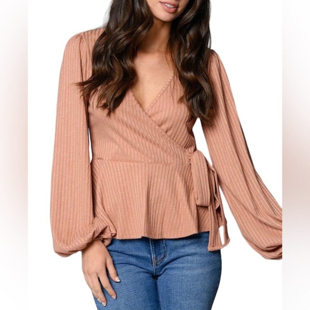 Peach Love California Faux Wrap Ribbed Knit Top